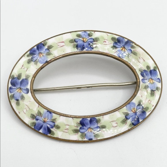 Antique Guilloche enamel flower sash pin brooch - Picture 2 of 5